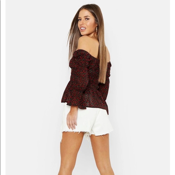 Boohoo Petite Rose Print Bardot Top - Picture 7 of 7